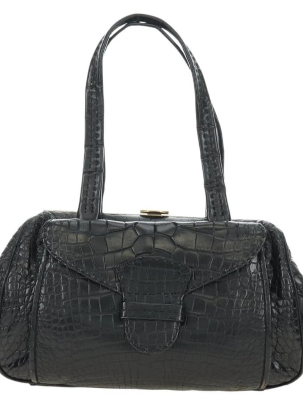 PRADA Hand Bag Leather Croco Embossed Black Gold Auth 185588V